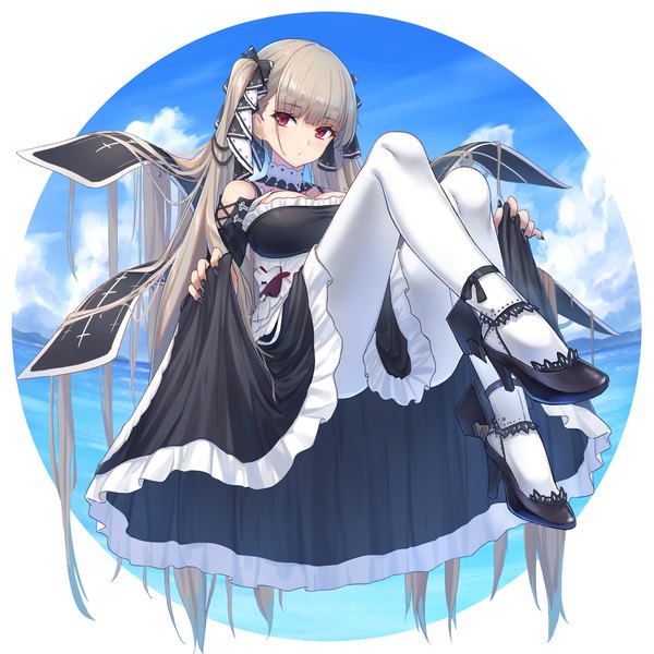 Anime picture 2046x2046 with azur lane formidable (azur lane) gohei (aoi yuugure) single looking at viewer fringe highres breasts red eyes large breasts white background twintails sky cloud (clouds) full body bent knee (knees) blunt bangs very long hair nail polish head tilt
