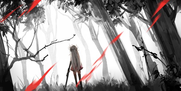 Anime picture 2952x1500 with original pixiv fantasia pixiv fantasia t hiko (pixiv3023399) single long hair highres wide image standing holding ahoge white hair girl thighhighs weapon black thighhighs plant (plants) tree (trees) frills leaf (leaves)