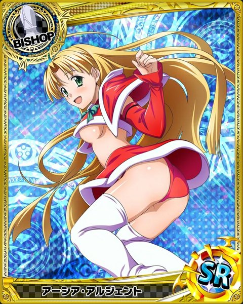 Anime picture 640x800 with highschool dxd asia argento single long hair tall image blush breasts open mouth light erotic blonde hair green eyes ass card (medium) girl thighhighs underwear panties detached sleeves white thighhighs