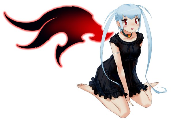 Anime picture 1705x1190 with yoshizaki mine single long hair blush highres open mouth simple background red eyes white background sitting twintails blue hair barefoot wariza girl dress lingerie black dress collar
