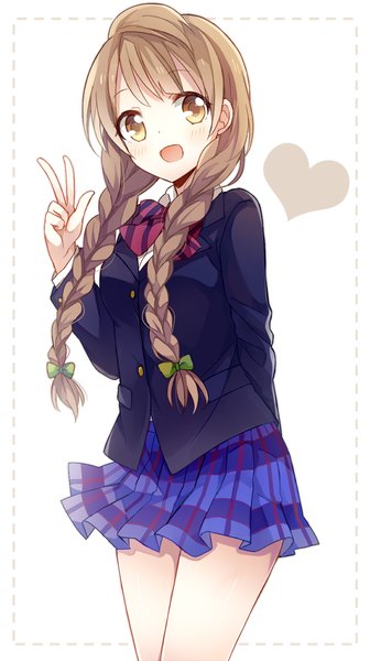 Anime picture 700x1248 with love live! school idol project sunrise (studio) love live! minami kotori yimu single long hair tall image blush fringe open mouth simple background brown hair white background brown eyes looking away braid (braids) :d wind twin braids