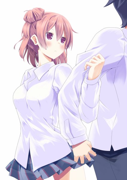 Anime picture 1200x1697 with yahari ore no seishun love comedy wa machigatteiru. brains base (studio) yuigahama yui hikigaya hachiman hujikok tall image blush short hair brown hair white background purple eyes couple girl boy skirt shirt