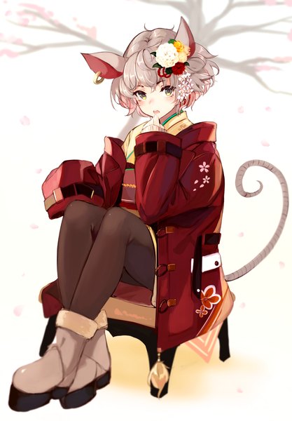 Anime picture 2852x4105 with original lumo 1121 single tall image looking at viewer highres open mouth sitting animal ears yellow eyes full body tail traditional clothes japanese clothes animal tail open jacket hand to mouth mouse ears mouse tail mouse girl