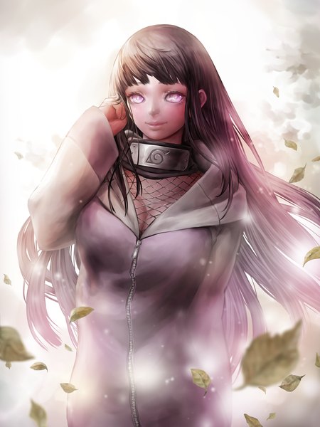 Anime picture 1250x1667 with naruto studio pierrot naruto (series) hyuuga hinata nabe (artist) single long hair tall image looking at viewer fringe breasts black hair smile purple eyes upper body wind lips adjusting hair girl hood