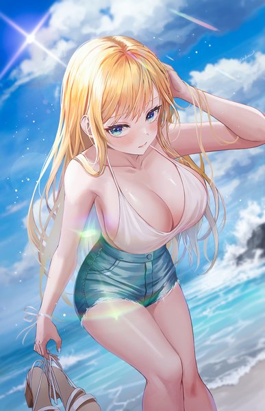 Anime picture 774x1200 with original minari (lmina09) single long hair tall image looking at viewer blush fringe breasts blue eyes light erotic blonde hair large breasts standing sky cloud (clouds) outdoors blunt bangs nail polish arm up