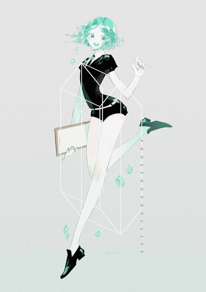 Anime picture 800x1131 with houseki no kuni phosphophyllite ajimita single tall image short hair open mouth simple background holding green eyes full body nail polish green hair grey background character names androgynous long legs