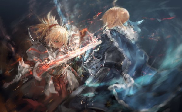 Anime picture 2589x1600 with fate (series) fate/stay night fate/apocrypha artoria pendragon (all) saber mordred (fate) azomo fringe highres short hair blonde hair wide image multiple girls green eyes ahoge ponytail hair over one eye battle mother and daughter girl