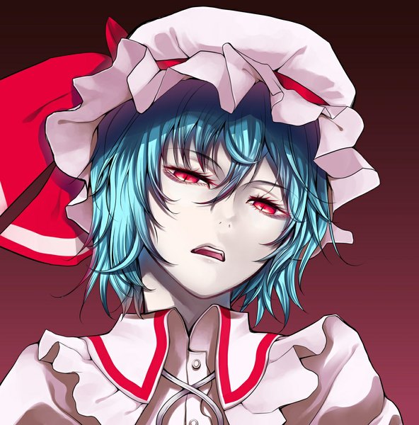 Anime-Bild 1141x1158 mit touhou remilia scarlet nishiide kengorou single tall image looking at viewer short hair open mouth red eyes blue hair portrait girl shirt bonnet