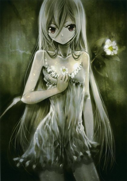 Anime picture 4262x6067 with original kei (keigarou) single long hair tall image looking at viewer fringe highres breasts red eyes bare shoulders absurdres white hair very long hair grey background hand on chest girl dress flower (flowers) frills
