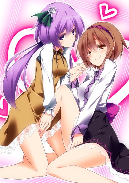 Anime picture 789x1125 with touhou tsukumo benben tsukumo yatsuhashi sakurame long hair tall image looking at viewer short hair smile brown hair purple eyes multiple girls brown eyes purple hair bare legs girl dress 2 girls heart