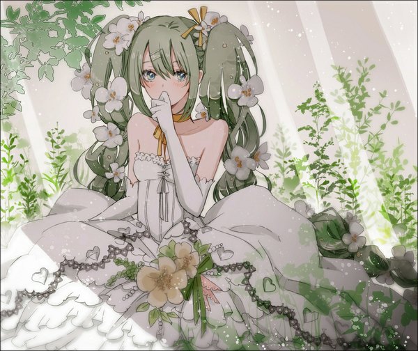 Anime picture 1000x840 with vocaloid hatsune miku hishi single long hair looking at viewer blush blue eyes twintails bare shoulders hair flower aqua eyes green hair embarrassed framed girl dress gloves hair ornament flower (flowers)