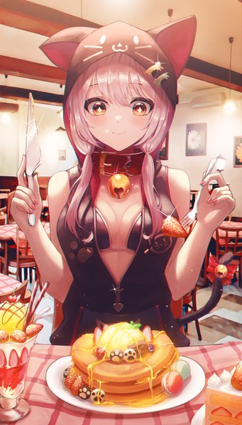 Anime picture 2101x3700 with original bexercube single long hair tall image blush fringe highres breasts light erotic smile hair between eyes large breasts sitting twintails bare shoulders holding brown eyes animal ears pink hair