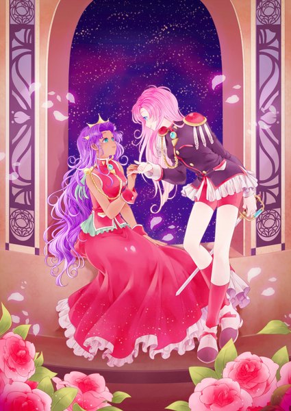 Anime picture 1200x1694 with revolutionary girl utena j.c. staff tenjou utena himemiya anthy komasawa (fmn-ppp) long hair tall image blue eyes smile standing sitting multiple girls pink hair sky purple hair very long hair aqua eyes night night sky sleeveless