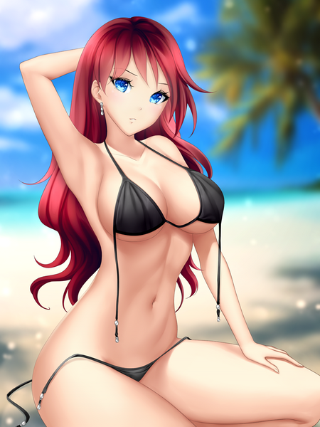Anime picture 750x1000 with original gigamessy single long hair tall image looking at viewer blush fringe breasts blue eyes light erotic large breasts sitting sky cleavage cloud (clouds) outdoors red hair head tilt arm up