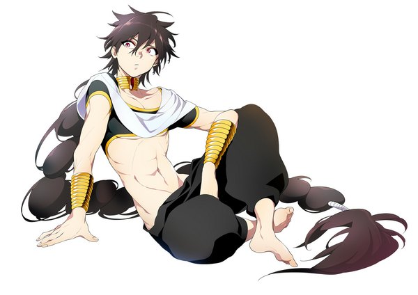 Anime picture 1000x707 with magi the labyrinth of magic a-1 pictures judal dalc rose single simple background red eyes white background sitting looking away braid (braids) very long hair barefoot single braid boy navel bracelet jewelry