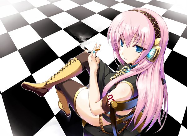 Anime picture 1648x1200 with vocaloid megurine luka yuki mizore single long hair blue eyes pink hair smoke checkered floor smoking girl thighhighs black thighhighs boots cigarette