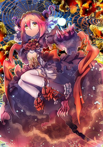 Anime picture 750x1063 with chain chronicle sega suou sakura single tall image looking at viewer fringe short hair yellow eyes looking away red hair horn (horns) demon girl girl thighhighs dress claws knickers