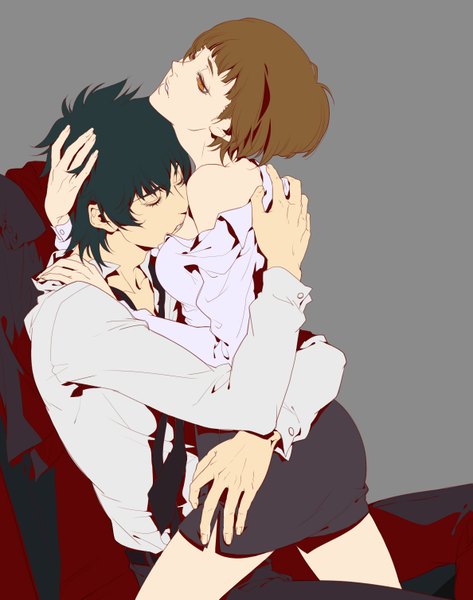 Anime picture 1188x1507 with psycho-pass production i.g kougami shin'ya tsunemori akane tall image short hair light erotic black hair simple background brown hair sitting bare shoulders eyes closed grey background open clothes orange eyes open shirt couple hug undressing