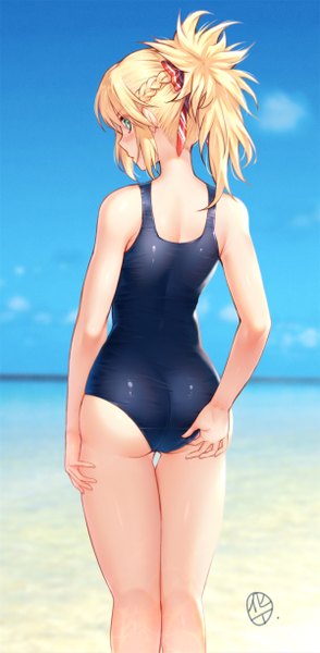 Anime picture 1200x2445 with fate (series) fate/grand order mordred (fate) hua-j single long hair tall image looking at viewer blush fringe light erotic blonde hair hair between eyes standing bare shoulders payot sky cloud (clouds) ass outdoors
