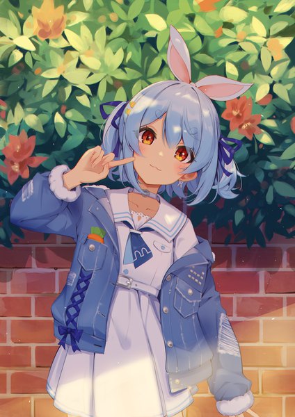 Anime picture 2480x3508 with virtual youtuber hololive usada pekora usada pekora (casual) shyi single tall image looking at viewer blush highres short hair red eyes standing animal ears blue hair outdoors head tilt off shoulder open jacket two side up