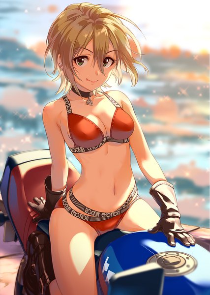 Anime picture 1068x1500 with idolmaster idolmaster cinderella girls kimura natsuki annindoufu (oicon) single tall image looking at viewer fringe short hair breasts light erotic smile brown hair sitting bare shoulders green eyes sky outdoors wind arm support