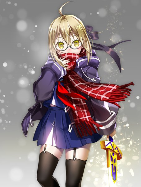 Anime picture 1000x1321 with fate (series) fate/grand order artoria pendragon (all) mysterious heroine x (alter) (fate) mysterious heroine x alter (first ascension) (fate) suishougensou single tall image looking at viewer blush fringe short hair blonde hair hair between eyes holding yellow eyes payot ahoge pleated skirt wind