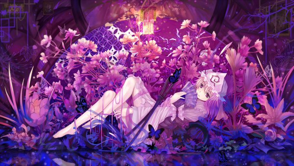 Anime picture 1980x1121 with touhou saigyouji yuyuko dead line single looking at viewer highres short hair smile wide image pink hair lying traditional clothes japanese clothes pink eyes barefoot on back reflection girl dress ribbon (ribbons)