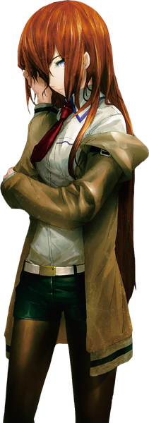 Anime picture 531x1506 with steins;gate white fox makise kurisu huke single long hair tall image looking at viewer fringe blue eyes brown hair standing payot head tilt hair over one eye off shoulder open jacket official art transparent background legwear under shorts