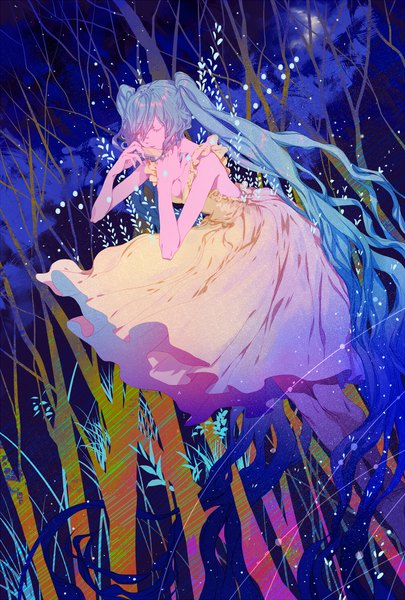 Anime picture 800x1184 with vocaloid hatsune miku qiqu single tall image fringe twintails blue hair sky eyes closed very long hair nail polish sleeveless playing instrument girl dress plant (plants) musical instrument yellow dress harmonica