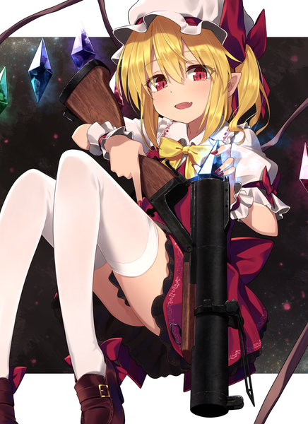 Anime picture 1440x1980 with touhou flandre scarlet greenkohgen single tall image looking at viewer fringe short hair open mouth blonde hair hair between eyes red eyes nail polish :d pointy ears fang (fangs) one side up girl thighhighs weapon