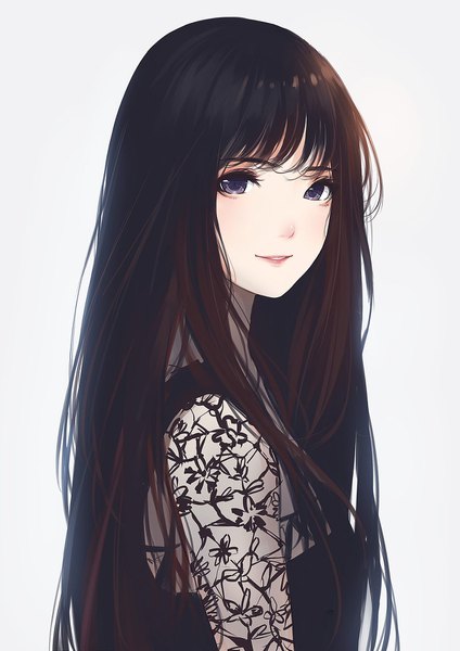 Anime-Bild 1200x1697 mit original caidychen single long hair tall image looking at viewer blush fringe black hair simple background smile brown hair standing white background purple eyes upper body blunt bangs parted lips teeth lipstick