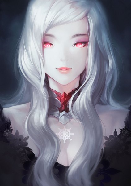 Anime picture 1131x1600 with original asuka111 single long hair tall image looking at viewer cleavage white hair pink eyes lips lipstick dark background face pale skin makeup girl choker
