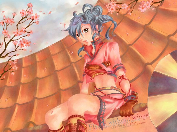 Anime picture 1600x1200 with single smile green eyes blue hair girl skirt flower (flowers) petals jewelry roof