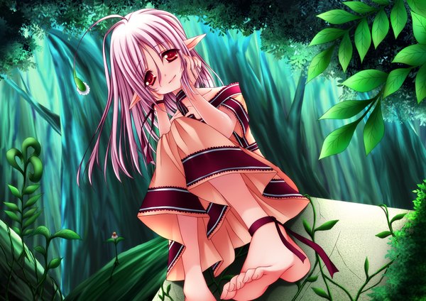 Anime picture 1754x1240 with rayn highres red eyes pink hair ahoge barefoot pointy ears elf girl