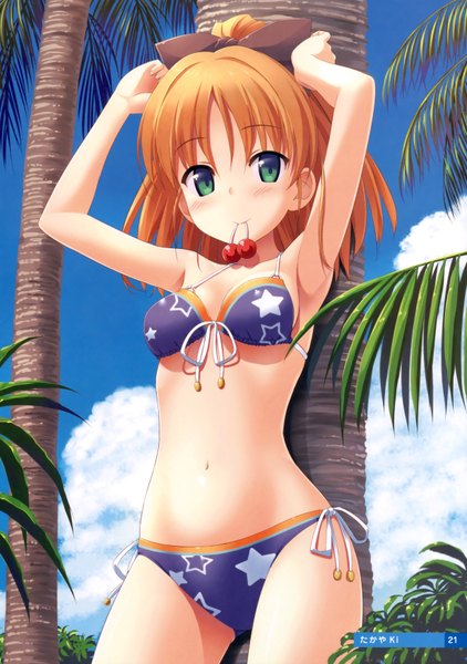 Anime picture 2464x3500 with your diary minagawa yuuhi takayaki tall image blush highres short hair light erotic green eyes absurdres ponytail orange hair arms up armpit (armpits) mouth hold front-tie top hair tie in mouth girl navel hair ornament