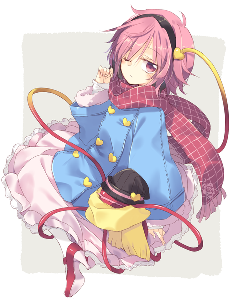 Anime picture 837x1050 with touhou komeiji satori satou kibi single tall image looking at viewer blush short hair pink hair one eye closed pink eyes from above high heels adapted costume girl heart scarf headband coat cap
