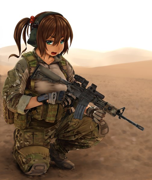 Anime picture 1600x1900 with original jpc single tall image looking at viewer fringe breasts open mouth hair between eyes brown hair standing holding green eyes payot sky full body bent knee (knees) outdoors ponytail fang (fangs)