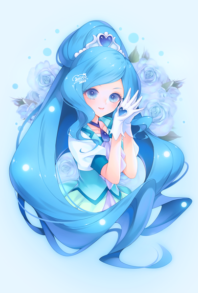 Anime picture 1378x2039 with precure healin' good precure toei animation sawaizumi chiyu cure fontaine aoi itou single long hair tall image looking at viewer blue eyes signed blue hair upper body ponytail puffy sleeves magical girl 2020 fingers together girl