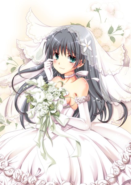 Anime picture 1000x1414 with to aru kagaku no railgun to aru majutsu no index j.c. staff saten ruiko chize single long hair tall image blush blue eyes black hair bare shoulders girl dress gloves flower (flowers) elbow gloves bouquet wedding dress