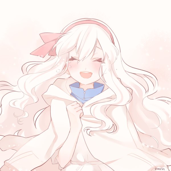 Anime picture 1000x1000 with kagerou project shaft (studio) mary (kagerou project) marin (myuy 3) single long hair blush open mouth simple background signed white hair eyes closed tears pink background girl ribbon (ribbons) hair ribbon cloak