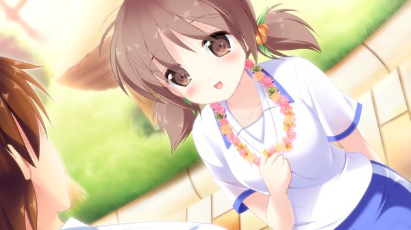 Anime picture 2048x1152 with shinsei ni shite okasubekarazu (game) kashimura misao watari masahito blush highres short hair brown hair wide image twintails brown eyes game cg short twintails girl