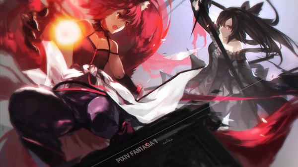 Anime picture 1323x744 with original pixiv fantasia pixiv fantasia t swd3e2 long hair open mouth black hair red eyes wide image multiple girls red hair battle girl dress weapon 2 girls sword