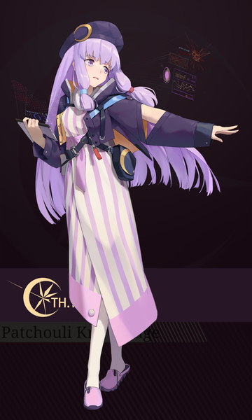 Anime picture 2834x4721 with touhou patchouli knowledge shuang ye single tall image highres open mouth standing purple eyes looking away purple hair full body character names adapted costume girl dress pantyhose shoes beret white pantyhose