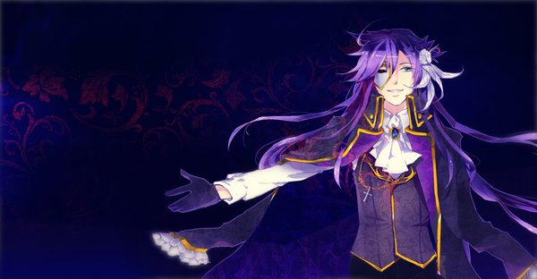 Anime picture 2000x1041 with vocaloid kamui gakupo tagme (artist) single long hair highres blue eyes simple background smile wide image purple hair spread arms boy gloves pendant mask cross