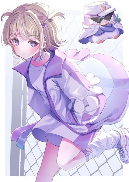 Anime picture 1447x2047 with virtual youtuber hololive hololive dev is todoroki hajime banpen (todoroki hajime) takenaka takeshi single tall image short hair blonde hair standing purple eyes open jacket :o two side up standing on one leg hands in pockets girl animal shoes