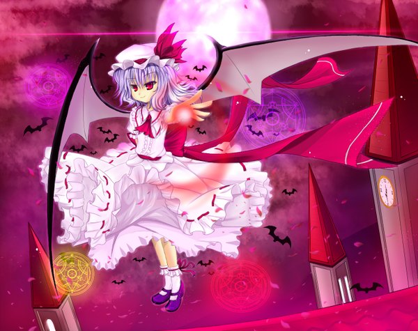 Anime picture 1400x1110 with touhou remilia scarlet cloudy.r single short hair red eyes blue hair night loli magic bat wings weightlessness girl dress wings moon bat magic circle roof