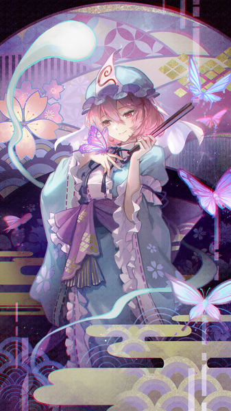 Anime picture 1080x1920 with touhou perfect cherry blossom saigyouji yuyuko kyusoukyu single tall image fringe short hair smile hair between eyes red eyes standing looking away pink hair butterfly on hand egasumi seigaiha girl hat insect