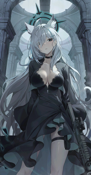 Anime picture 2416x4643 with blue archive shiroko (blue archive) shiroko terror (blue archive) netural single tall image looking at viewer fringe highres breasts light erotic large breasts standing animal ears cleavage silver hair ahoge very long hair parted lips head tilt