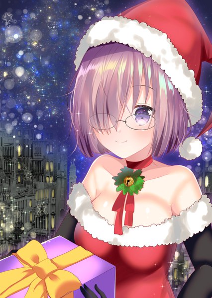 Anime-Bild 724x1020 mit fate (series) fate/grand order mash kyrielight misaki86 single tall image looking at viewer blush fringe short hair breasts light erotic smile hair between eyes large breasts standing purple eyes bare shoulders cleavage purple hair