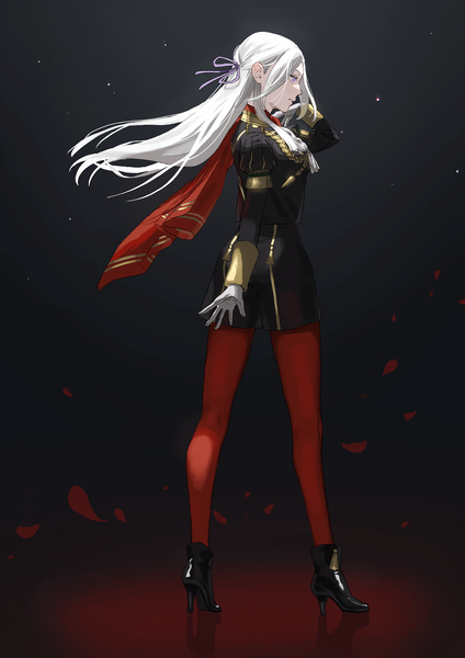 Anime picture 1447x2046 with fire emblem fire emblem: three houses nintendo edelgard von hresvelg e5nf8v single long hair tall image simple background standing purple eyes looking away full body white hair long sleeves profile arm up high heels black background girl